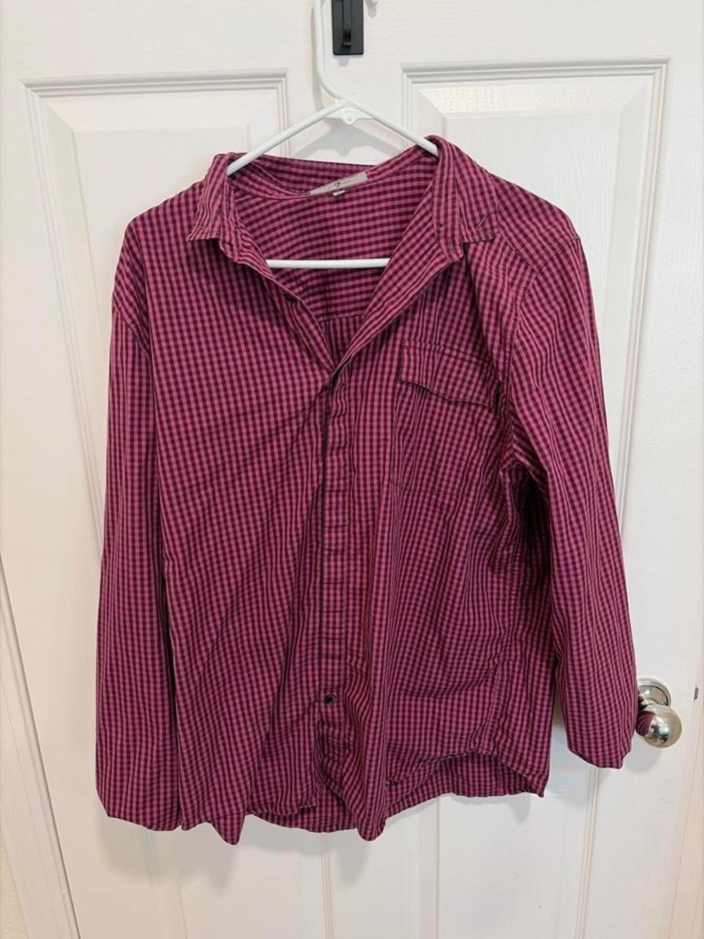 7 For All Mankind Men's Burgundy Check Button-Down Shirt